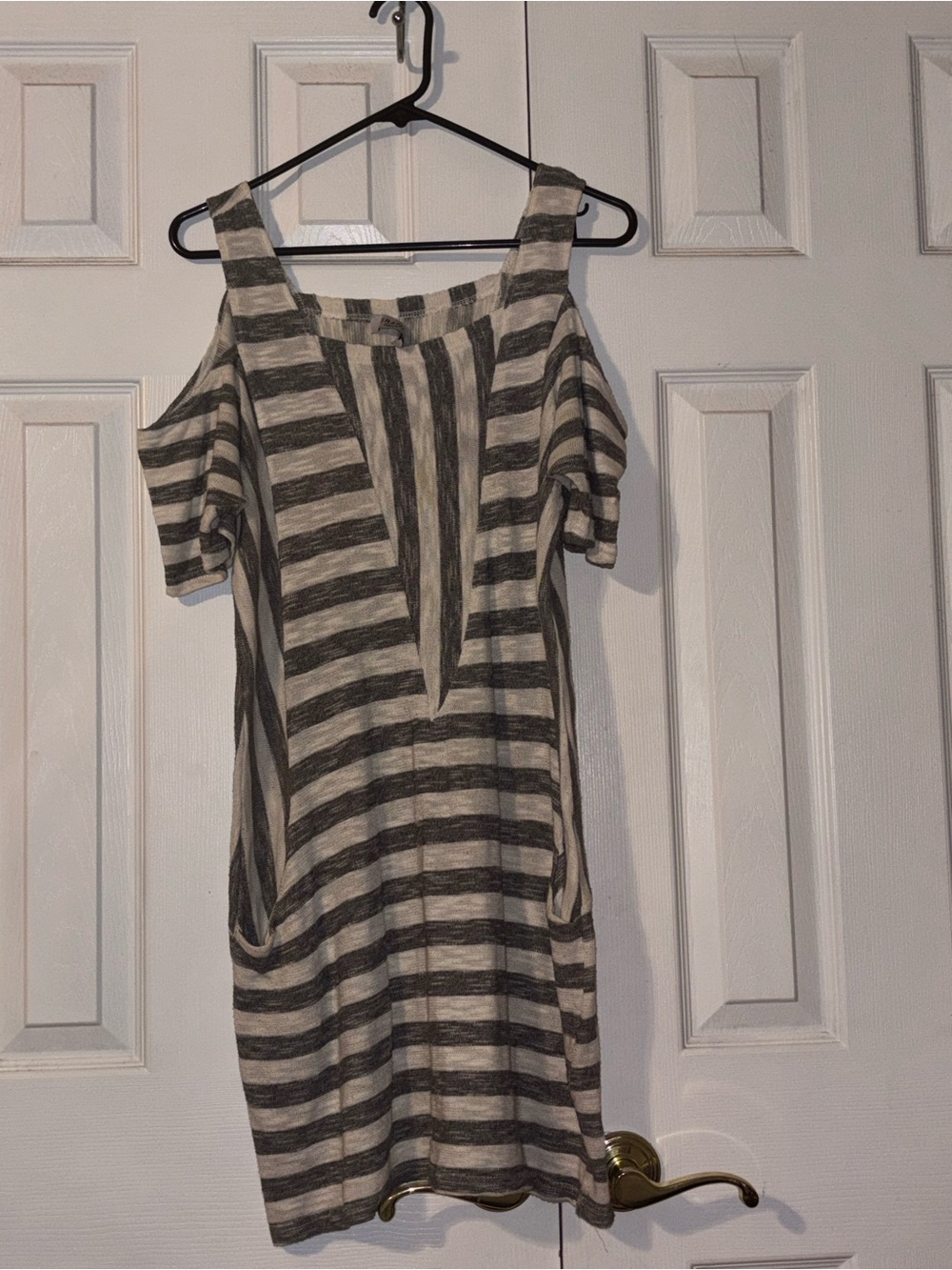 Cold-Shoulder Striped Midi Dress in Gray and Cream